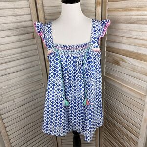 Matilda Jane Wandering Waters Blue Woven Smocked Boho Blouse Size Medium